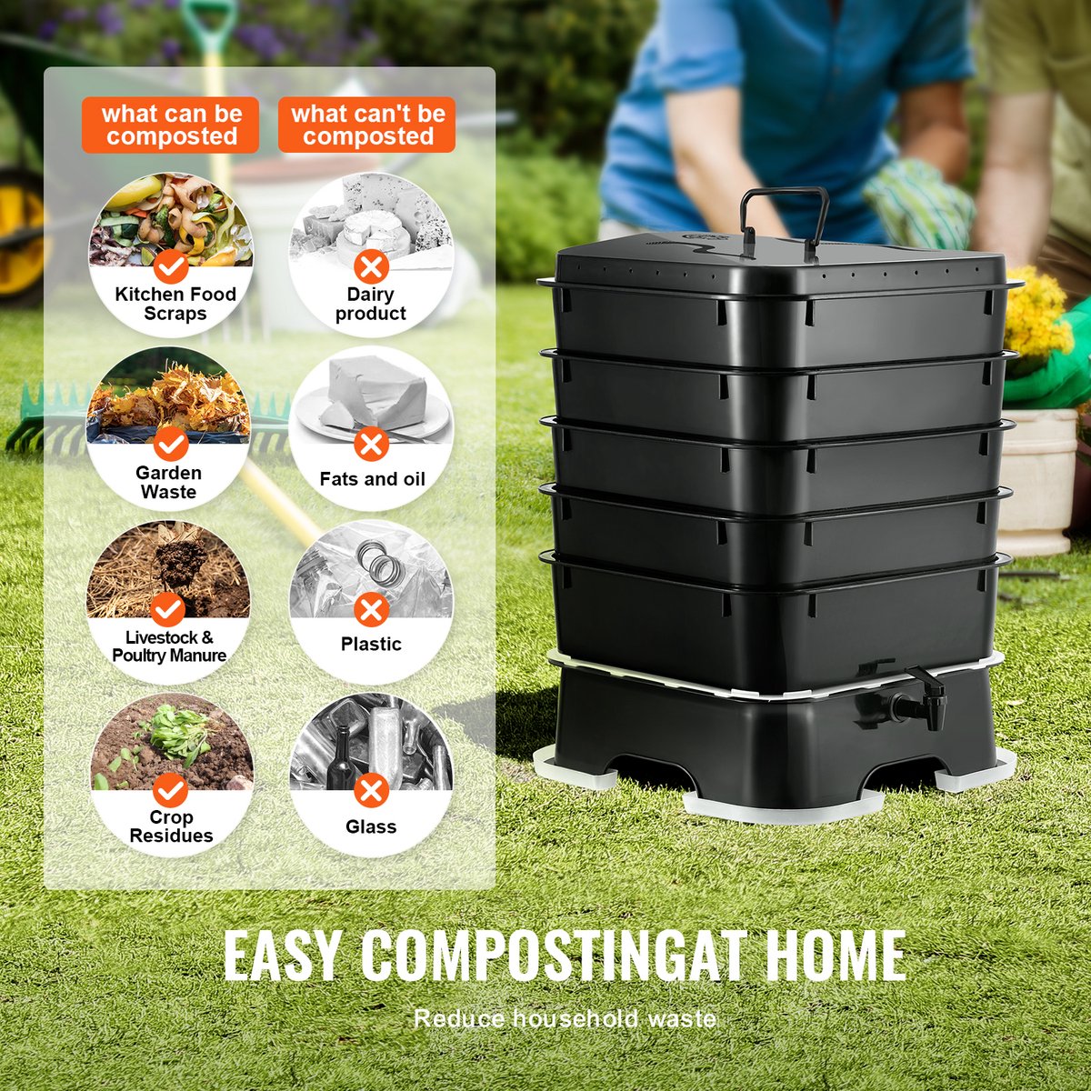 Wormcomposter - HDPE-Materiaal - Robuust en Duurzaam - Grote Capaciteit - Hoge Composteringsefficiëntie - Makkelijke Installatie - 40x40x65cm - 50L - Zwart