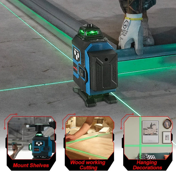 Kruislijnlaser - Bouwlaser met 4D Lasers - Kruislaser met 2 Oplaadbare Lithium Batterij - Inclusief Opbergkoffer en Afstandsbediening - 360 Graden Roterend - Met App Bediening