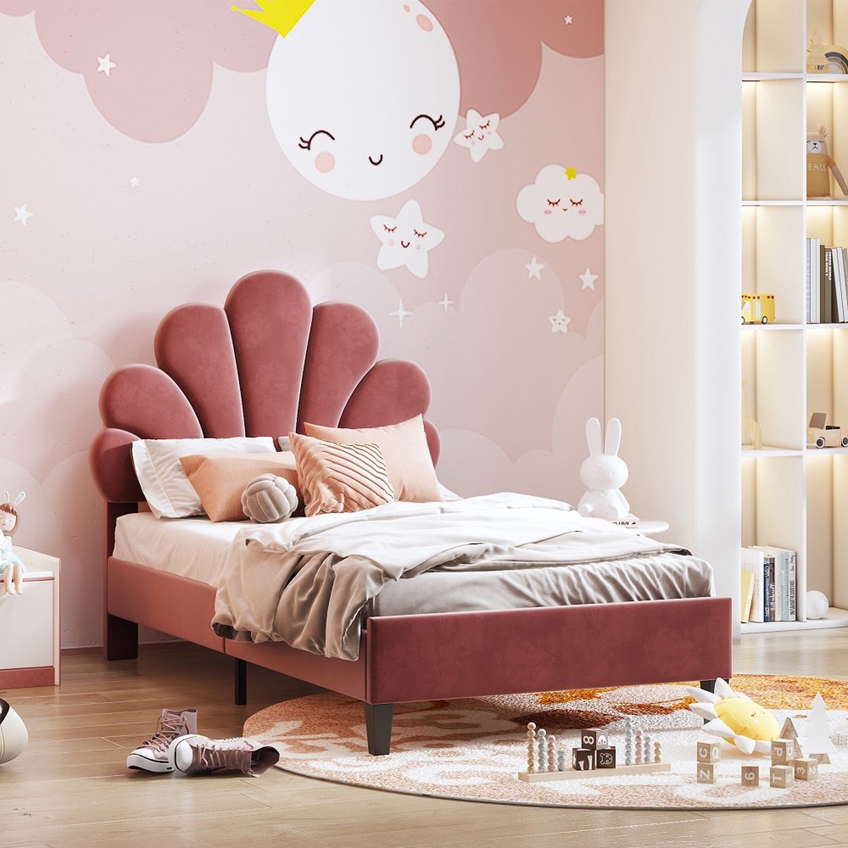 Bed Eenpersoonsbed 90x200 cm met fluwelen bloemvormig hoofdeinde voor volwassenen en kinderen Rood