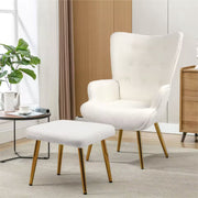 Fauteuil - Relaxing chair - Met voetenbankje - Leesstoel - Woonkamer stoel - Fauteuil - Stoel met voetenbank - Stoel met hocker - Goud metalen poten - Teddy stof - Wit
