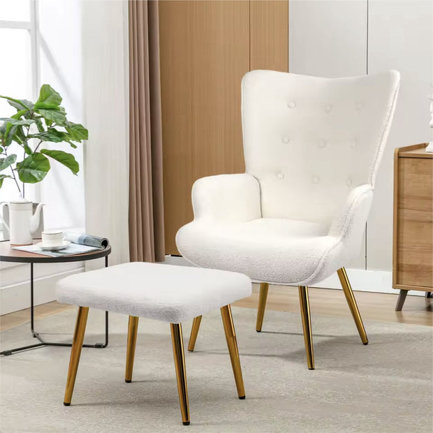 Fauteuil - Relaxing chair - Met voetenbankje - Leesstoel - Woonkamer stoel - Fauteuil - Stoel met voetenbank - Stoel met hocker - Goud metalen poten - Teddy stof - Wit