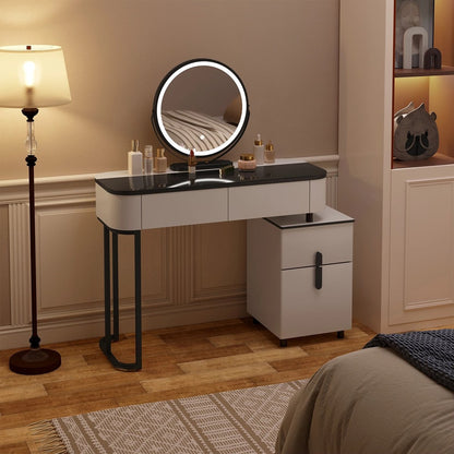 Dressing table - Make up table - Dressing table - Round mirror with LED lighting - Lots of storage space - Black and white - Drawers - Cabinets - 100cm surface - Girls - Women - Multiple configurations possible