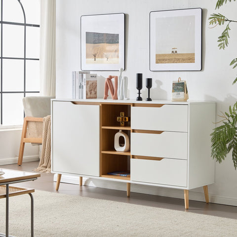 Moderne witte dressoirkast – 140x40x80,5 cm – Opbergkast met 3 lades, open compartimenten en planken – Dressoir met kantelbeveiliging – Voor woonkamer, hal of slaapkamer