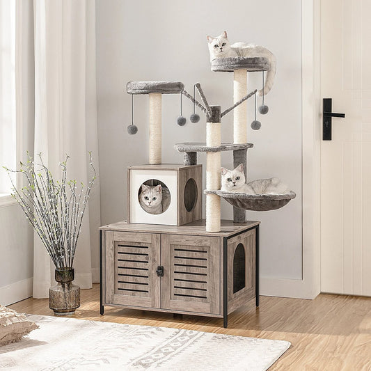 Katten Krabpaal - Grijs - Met Hangmat - Kattenbakruimte en Speeltjes - Klimmeubel - 70x48x132 cm - All-in-One Huisje