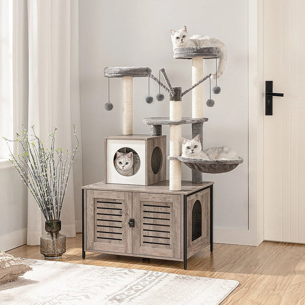 Katten Krabpaal - Grijs - Met Hangmat - Kattenbakruimte en Speeltjes - Klimmeubel - 70x48x132 cm - All-in-One Huisje