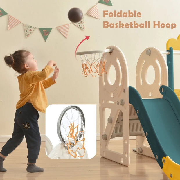 5 in 1 Kinderglijbaan Combinatie - Glijbaan, Schommel, Auto, Basketbal net - 182x172x115 cm