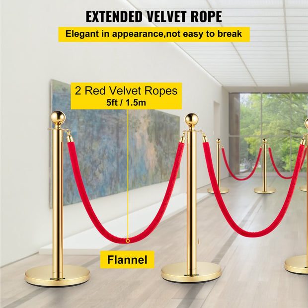 Afzetpaaltjes Crowd Control Stanchion Barrières - 1,5 m - Afzetpalen Voor Menigtecontrole - RVS Bolders - Goud Staanders - Fluwelen Touwen - 4 Stuks - Rood