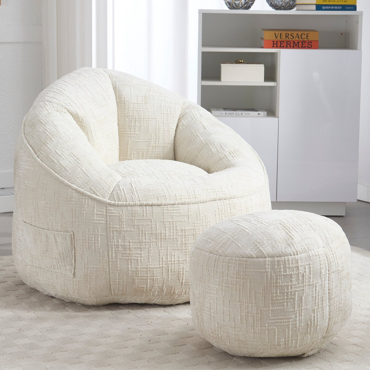 Zitzak met Voetensteun - Stoel met Hoge Druk Schuimvulling - Ergonomisch Ontwerp - Chenille Stof - 89x88x76 cm - Beige