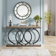 Consoletafel - Sidetable - met O-vormige Gouden Metalen Poten - Haltafel - Wandtafel - 140x30x80 cm - Grijs en Zwart - Metaal en Hout - Modern - Console Tafel