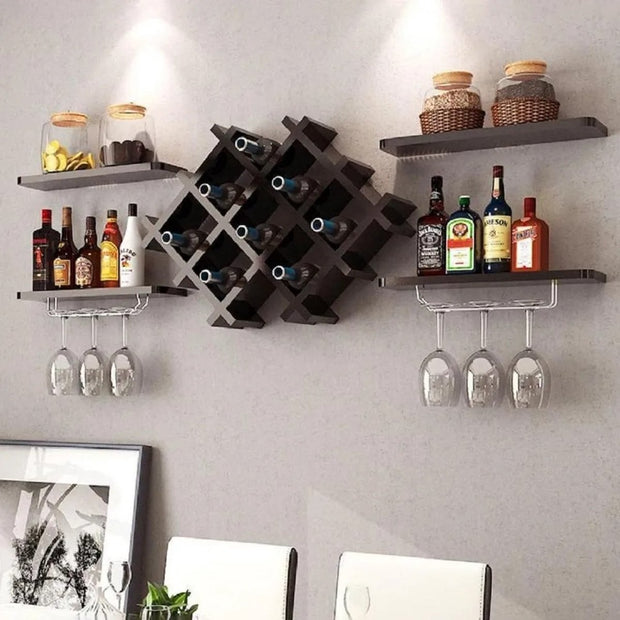 Wijnrek - Wand gemonteerd Wijnrek - Set van 5 - Wijnfles Plank Set Met Glazen Houder - Muur wijnrek