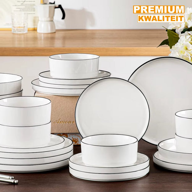 Serviesset – 12 persoons – 36 delig – Wit met zwarte rand Keramisch – Dinerborden – Ontbijtborden