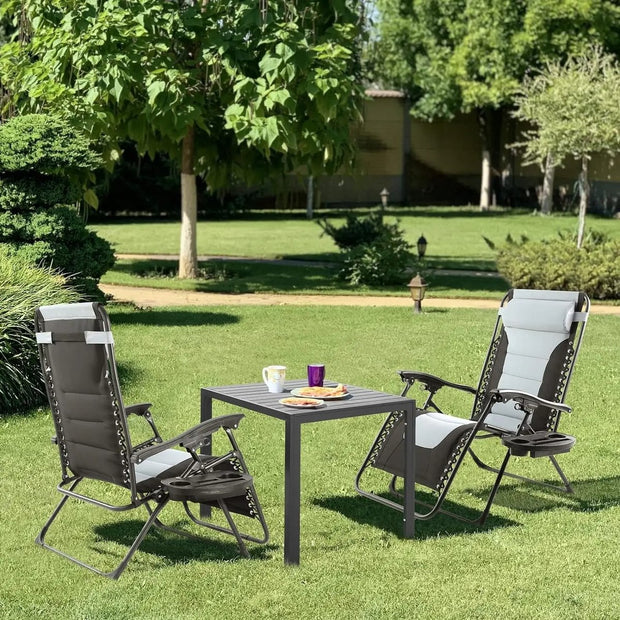 Ligbed - Ligstoel Tuin - Ligstoel Opvouwbaar - Ligstoel Buiten - Campingstoel Opvouwbaar - Verstelbare Hoofdsteun - Kussen Bestand Tegen UV-Straling En Vocht - Met Bekerhouder - Zwart/Grijs
