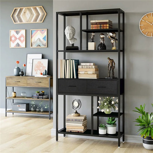 Boekenkast met Lade - Woonkamer Kast - Extra Grote Vintage Industriële Boekenkast - Decoratiekast - Zwart - QUORE