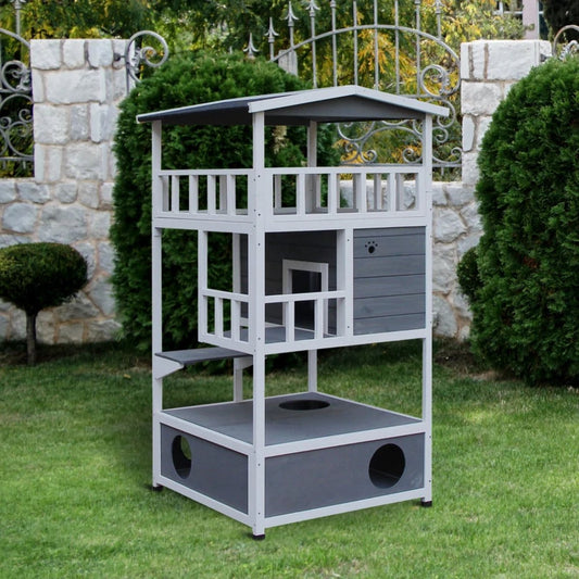 Kattenhuis - voor Buiten – Weerbestendig Houten Hok - met 2 Verdiepingen – Ruime Kooi - Bench en Ren – Duurzaam en Comfortabel – Grijs