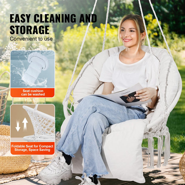 Hangstoel - Staal En Katoen - 150 Kg Capaciteit - Met Kussen - Met Geweven Netkabel - Inklapbaar, Bohemian Stijl - Geschikt Voor Binnen En Buiten - 80 X 62,5 X 80 Cm - Beige