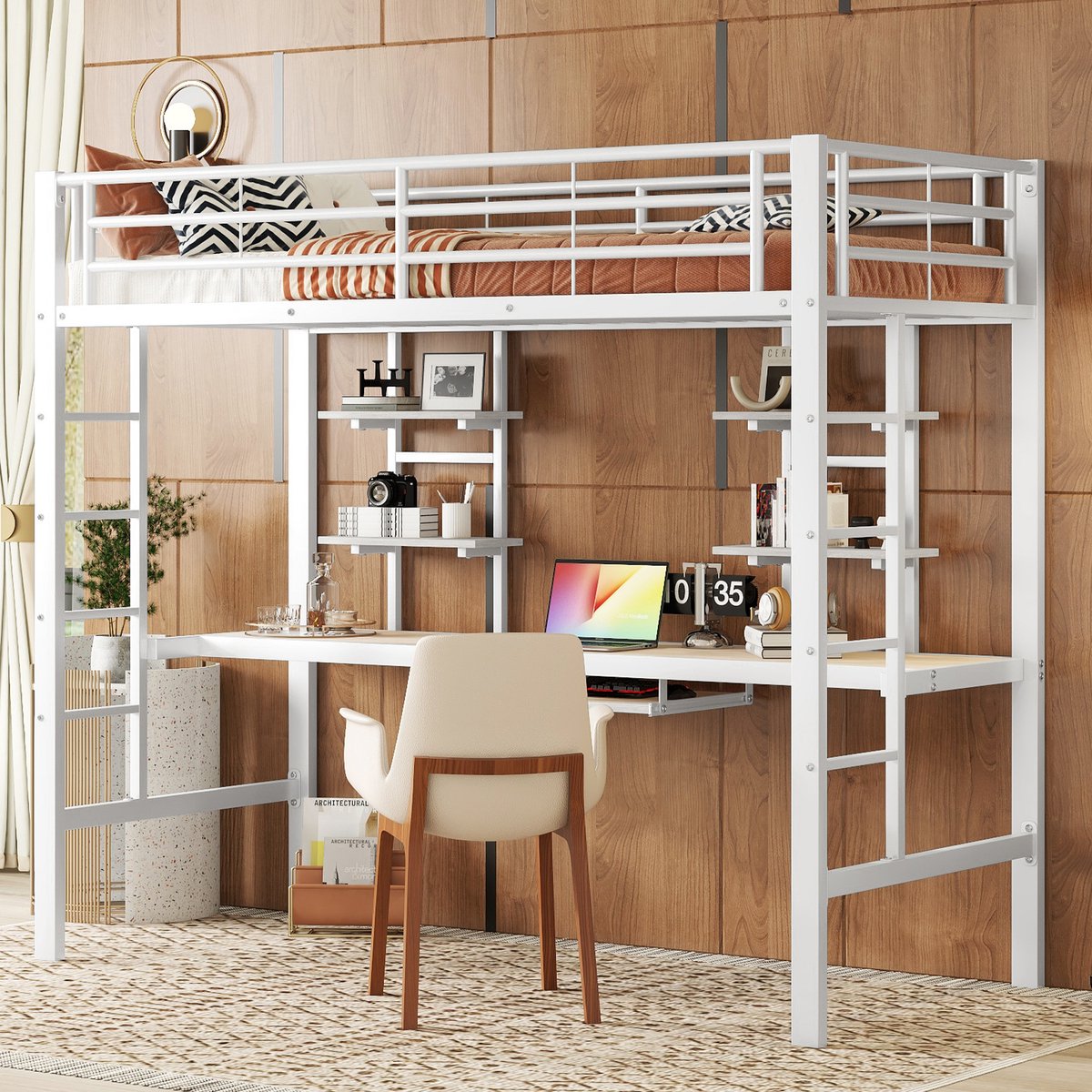 Kinderbed - Zonder matras - Zonder stoel - Metalen Bedframe met Bureau en Twee Boekenplanken - Geschikt voor Kinderen - Tieners en Volwassenen - 90x200 cm - Zwart