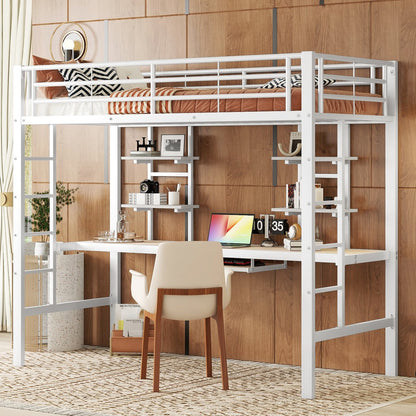 Kinderbed - Zonder matras - Zonder stoel - Metalen Bedframe met Bureau en Twee Boekenplanken - Geschikt voor Kinderen - Tieners en Volwassenen - 90x200 cm - Zwart