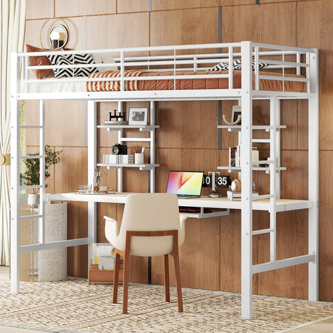 Kinderbed - Zonder matras - Zonder stoel - Metalen Bedframe met Bureau en Twee Boekenplanken - Geschikt voor Kinderen - Tieners en Volwassenen - 90x200 cm - Zwart