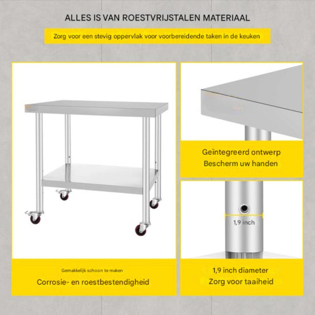 Zilveren Commerciële Keuken Werktafel - RVS - 95x61 cm - Verrijdbaar