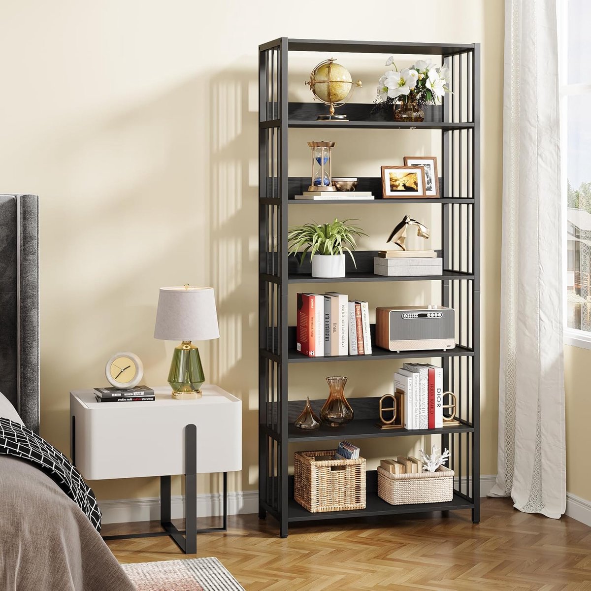 Boekenplank - 6-Tier Etagere Boekenkast - 80 x 30 x 190 cm - Industriële Hoge Boekenplanken Display Plank - voor Woonkamer Slaapkamer - Zwar - QUORE
