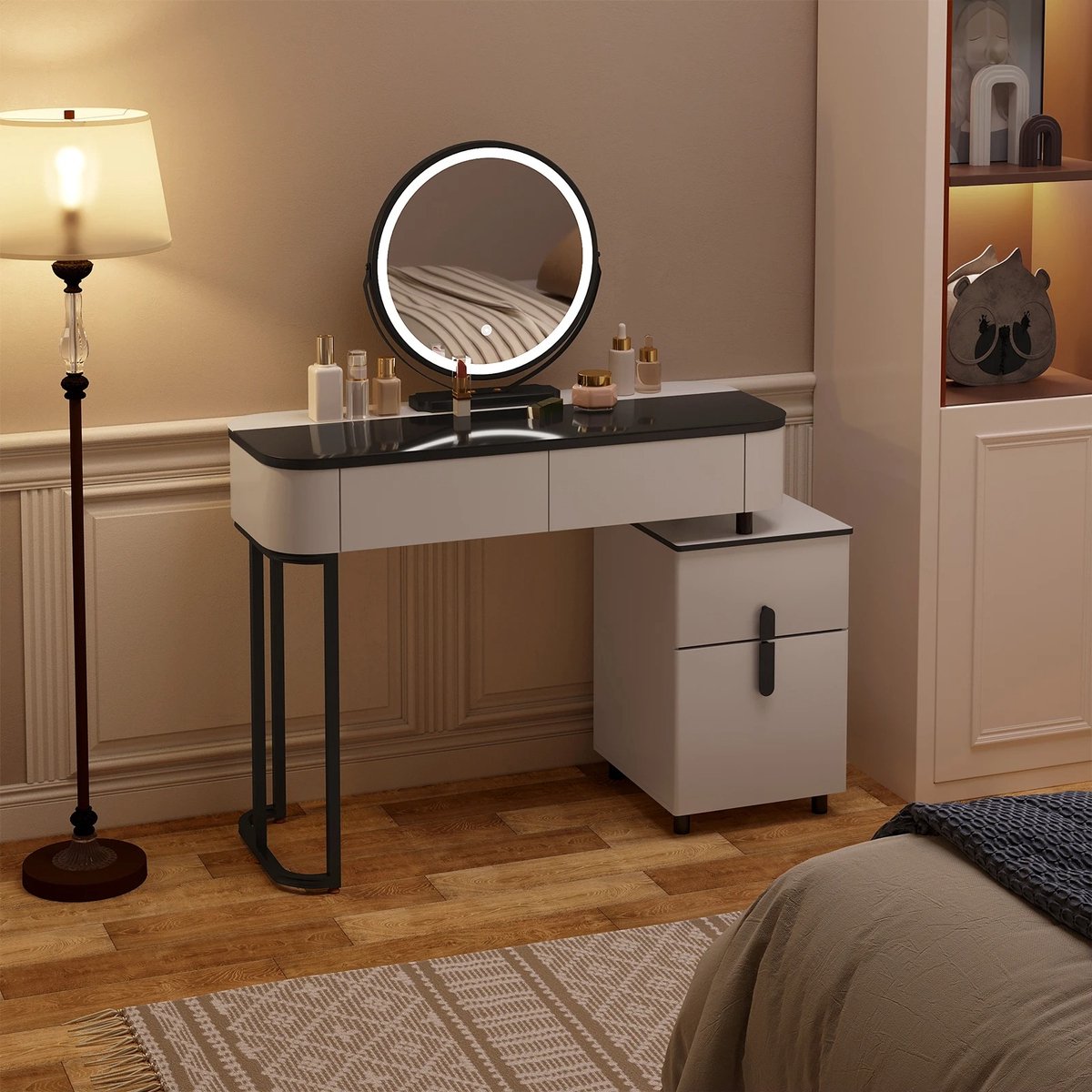 Dressing table - Make up table - Dressing table - Round mirror with LED lighting - Lots of storage space - Black and white - Drawers - Cabinets - 100cm surface - Girls - Women - Multiple configurations possible