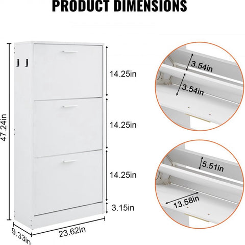 Smalle Schoenenkast - Schoenenrek Wit - 600 x 237 x 1200 mm - Schoenenkantelaar - met 3 Kleppen + Opbergvak Bovenaan - Schoenenkist - 45,35 kg Draagvermogen - Massief Houten - Schoenenopbergkast - voor de Gang