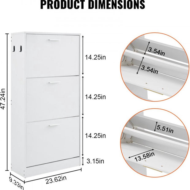 Smalle Schoenenkast - Schoenenrek Wit - 600 x 237 x 1200 mm - Schoenenkantelaar - met 3 Kleppen + Opbergvak Bovenaan - Schoenenkist - 45,35 kg Draagvermogen - Massief Houten - Schoenenopbergkast - voor de Gang