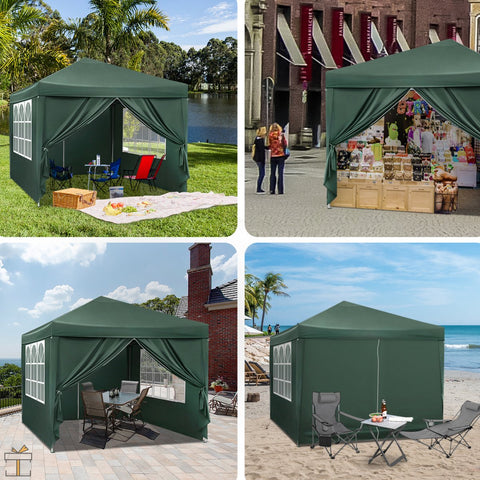 Partytent met zijwanden - Groen - Opvouwbaar - Easy up - Paviljoen - Waterdicht weerbestendig - 3x3 m