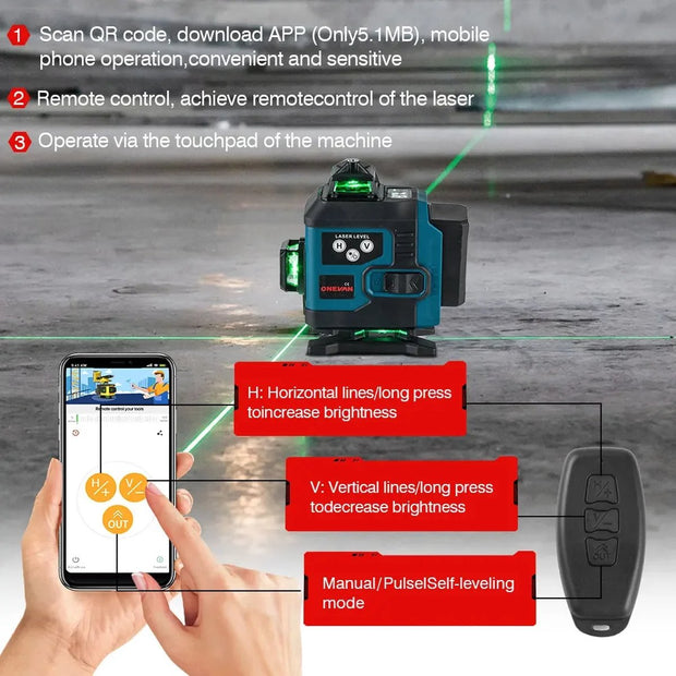 Kruislijnlaser - Bouwlaser met 4D Lasers - Kruislaser met 2 Oplaadbare Lithium Batterij - Inclusief Opbergkoffer en Afstandsbediening - 360 Graden Roterend - Met App Bediening