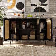 Sideboard Buffet Cabinet Hall Cabinet with storage space and blister doors rattan wooden for kitchen and living room Black