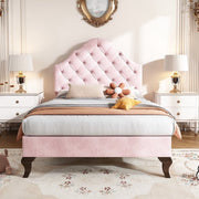 Enkel bed,Gemakkelijke montage, 90*200cm Gestoffeerd bed met lattenbod en hoofdeinde, Gestoffeerd bed met in hoogte verstelbaar hoofdeinde, Jeugdbed, Houten lattensteun, Fluweel, roze
