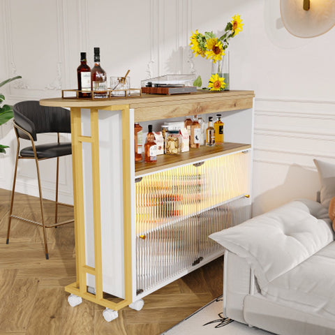 Uitschuifbare Bartafel met Opbergruimte - Moderne Verplaatsbare Bartafel - Telescopische Bartafel met LED - Bartafel - Bistrotafel - Hoge Tafel - Kookeiland - Bistrotafel - (138-204×39×105cm) - Wit & Goud