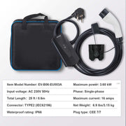 Draagbare Ev - Elektrische Voertuig Oplader Ev - Laadkabel - Oplaadkabel met Type 2 - (IEC62196) CEE 7/7 Stekker 1-Fase 8.6m - 16A - 3.68kW - Zwart