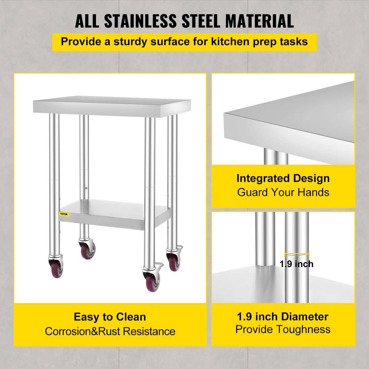 Commerciële Keukentafel - 2 Planken - Roestvrij Staal - 150kg Laadvermogen - Voedselbereidingstafel met Vier 360 Graden Roterende Wielen - Verstelbare Onderplank - 61 x 46 x 86 cm - Zilver