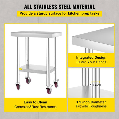 Commerciële Keukentafel - 2 Planken - Roestvrij Staal - 150kg Laadvermogen - Voedselbereidingstafel met Vier 360 Graden Roterende Wielen - Verstelbare Onderplank - 61 x 46 x 86 cm - Zilver