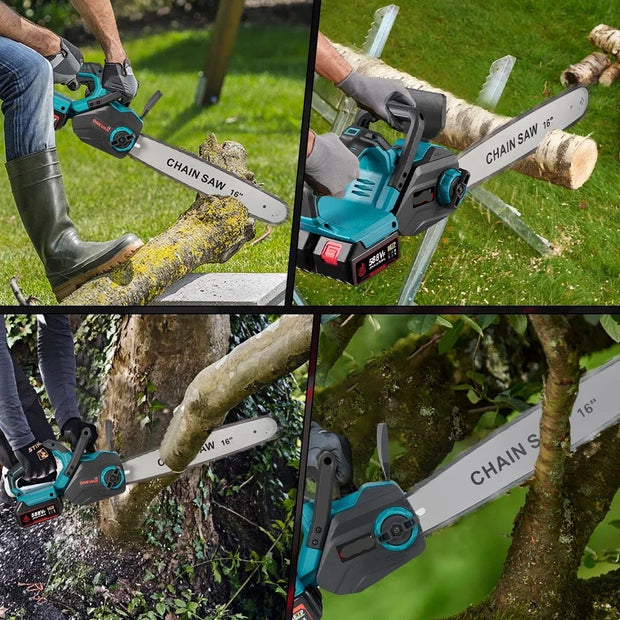 Elektrische Kettingzaag - Kettingzaag met Accu - Houtzaag - Houtbewerking - Boomzaag - Krachtig - 8000W - 16 Inch - 2 Accu's - Acculader - Ketting en Zaagblad - Noodstop - Verstelbare Ketting