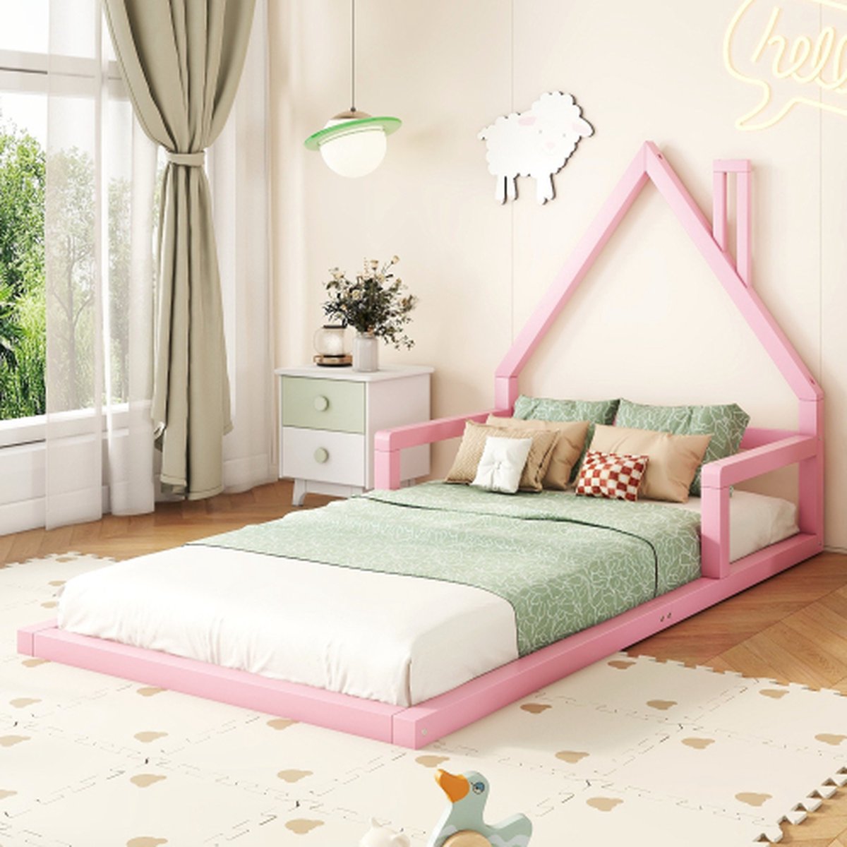Kinderbed - Plat Bed - Huisvorm - Massief Grenen - Eenvoudige Vorm - 90*200 cm - Roze