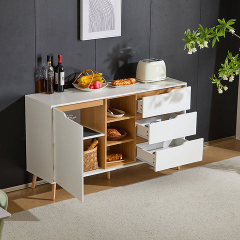 Moderne witte dressoirkast – 140x40x80,5 cm – Opbergkast met 3 lades, open compartimenten en planken – Dressoir met kantelbeveiliging – Voor woonkamer, hal of slaapkamer