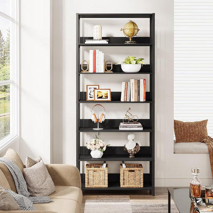 Boekenplank - 6-Tier Etagere Boekenkast - 80 x 30 x 190 cm - Industriële Hoge Boekenplanken Display Plank - voor Woonkamer Slaapkamer - Zwar - QUORE