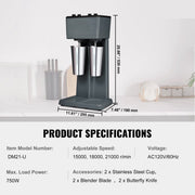 Pro Drink Mixer - Milkshake Machine met Dubbele Kop - 750W- 820ML - 3 Snelheidsstanden - 15000/18000/21000RPM - Roestvrijstalen Kop - Melk- en Eiwitshake - Drink Mixer - Cocktail