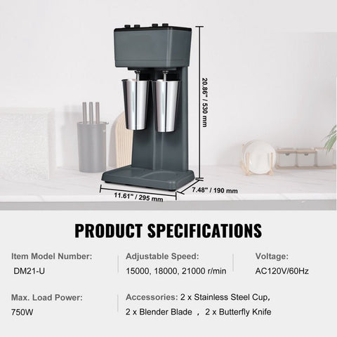Pro Drink Mixer - Milkshake Machine met Dubbele Kop - 750W- 820ML - 3 Snelheidsstanden - 15000/18000/21000RPM - Roestvrijstalen Kop - Melk- en Eiwitshake - Drink Mixer - Cocktail