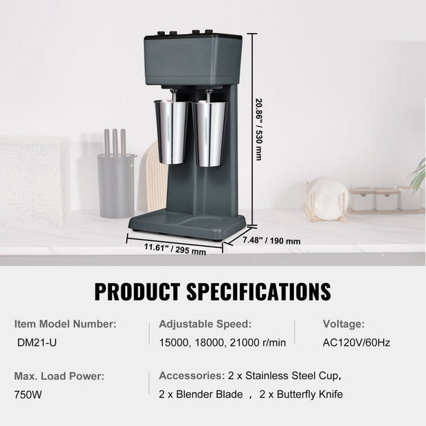 Pro Drink Mixer - Milkshake Machine met Dubbele Kop - 750W- 820ML - 3 Snelheidsstanden - 15000/18000/21000RPM - Roestvrijstalen Kop - Melk- en Eiwitshake - Drink Mixer - Cocktail