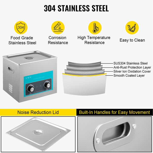 Ultrasoon Reiniger - 15 L - met Verwarmingstimer 20-80°C - 360W -  Roestvrij Staal - Professionele Ultrasone Reinigingsapparaat - voor het Reinigen van Vinylplaten, Sieraden, Brillen, Laboratoriumbenodigdheden - Zilver