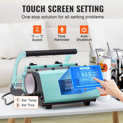 Tumbler Hittepers en -  Sublimatiemokken - RVS - Temperatuurbereik 0-250℃ - Met 8 Stuks - 20oz - Lege Mokken - Mokpers voor 11-30oz Tumblers - Met Warmteoverdrachtpapier - Handschoenen - 36,5 x 28 x 19,7 cm - Lichtgroen