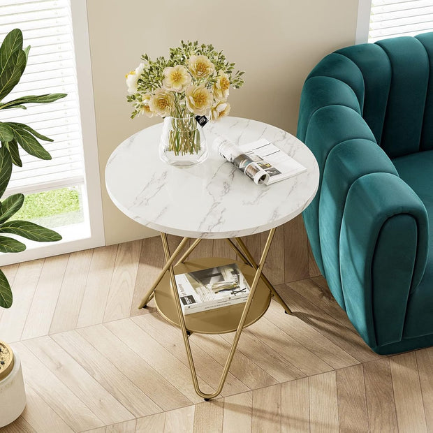 Moderne Ronde Bijzettafel - 2-laags Imitatiemarmeren Salontafel - op Stevig Metalen Frame - Wit en Goud - Woonkamertafel - Kleine Tafel - voor Woonkamer - Slaapkamer