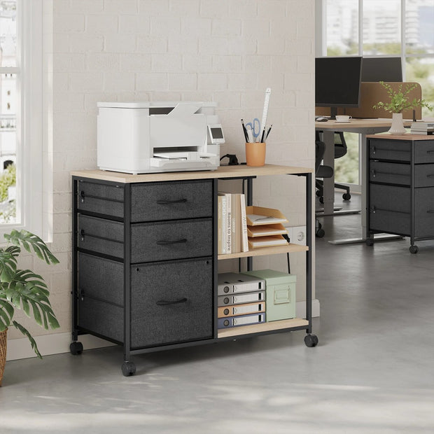 Printerkast - Archiefkast - Printer - Met laden en oplaadstation - 40 cm x 80 cm x 66 cm - Licht eiken met zwart