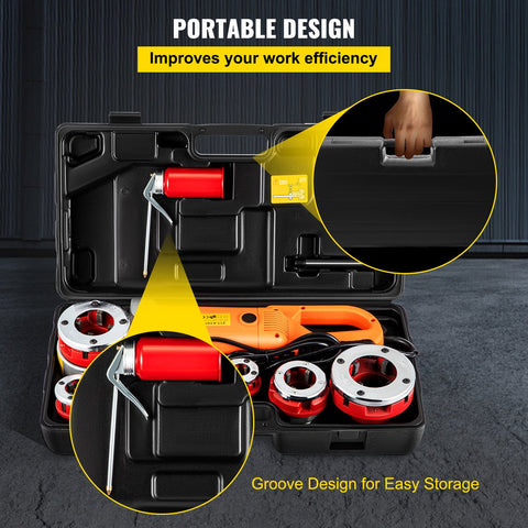 Elektrische Pijpinrijger - Verwisselbare Matrijzen - Opbergdoos - Krachtige Motor - Betrouwbaar & Draagbaar - 2300W - Draadsnijden 1/2""-2"" - Inclusief Buisklem - Koolborstels - Oliekan - Oranje