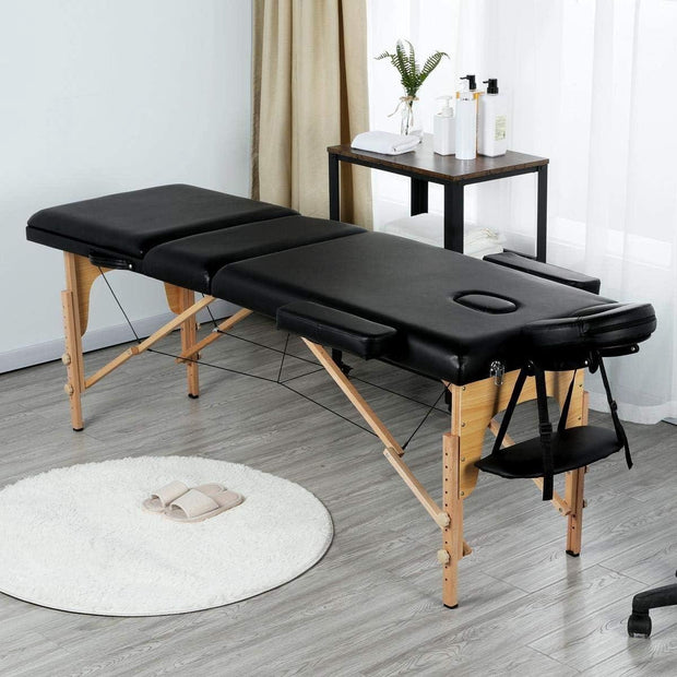 Folding massage table with wooden legs and height adjustment - Carrying bag and accessories - Cosmetic lounger