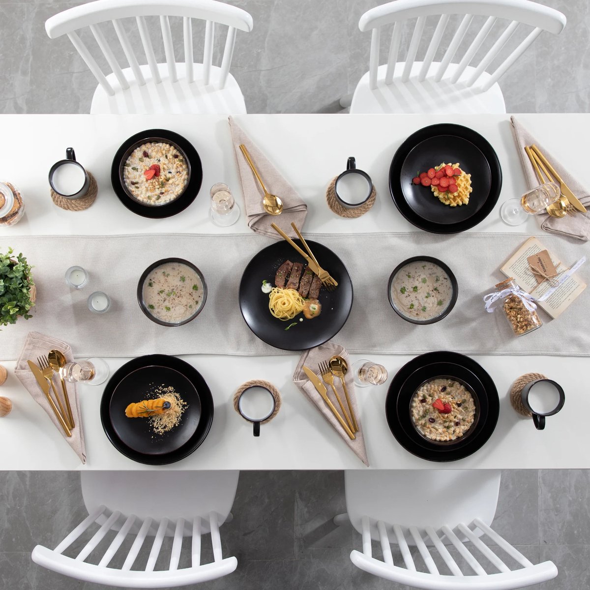 Luxe Serviesset - 32-Delig - 8 Persoons - Keramiek - Bordenset - Dinner Platen - Dessertborden - Kommen - Mokken - Schaaltjes - Zwart