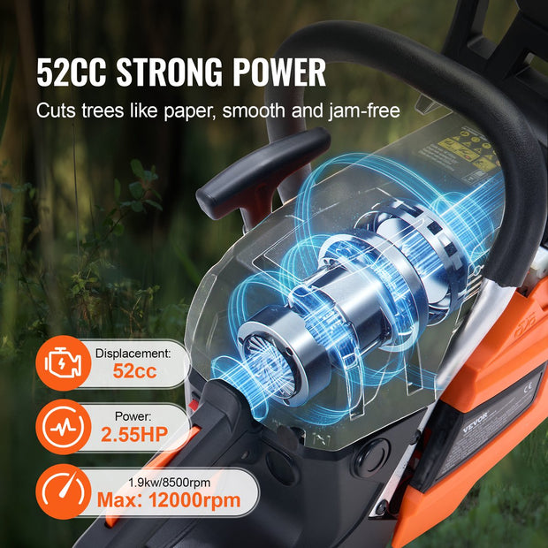 Benzine Kettingzaag - 2.55pk Vermogen - 52CC Motor - 45.7cm Zwaard - Robuuste Constructie - Ideaal voor Thuis en Tuin